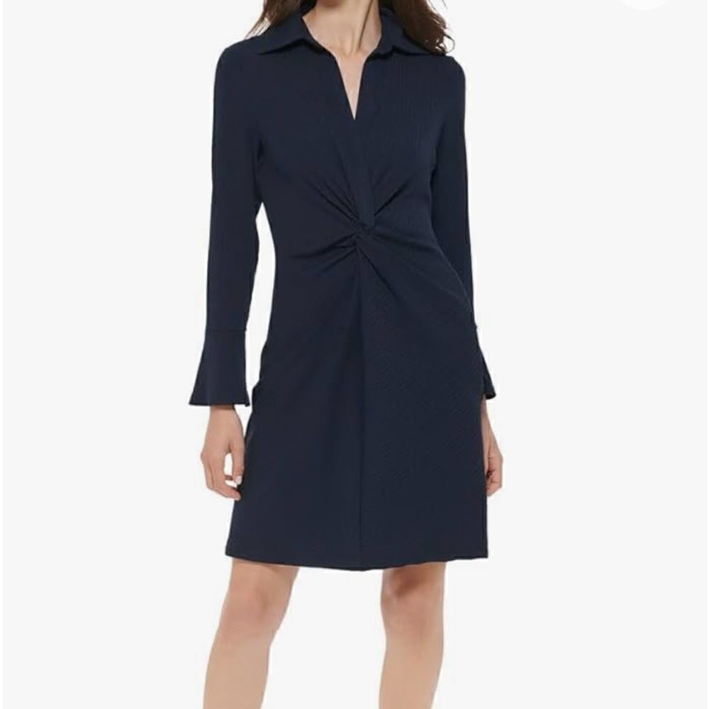 New Tommy Hilfigure Long Sleeve Twist Front Silky Rib Knit Dark Blue Dress Sz 14